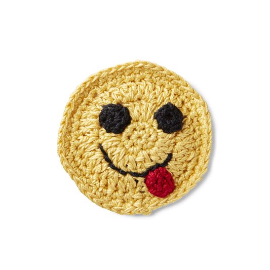Crochet Yummy Happy Face Emoji Applique made using Aunt Lydia's yarn