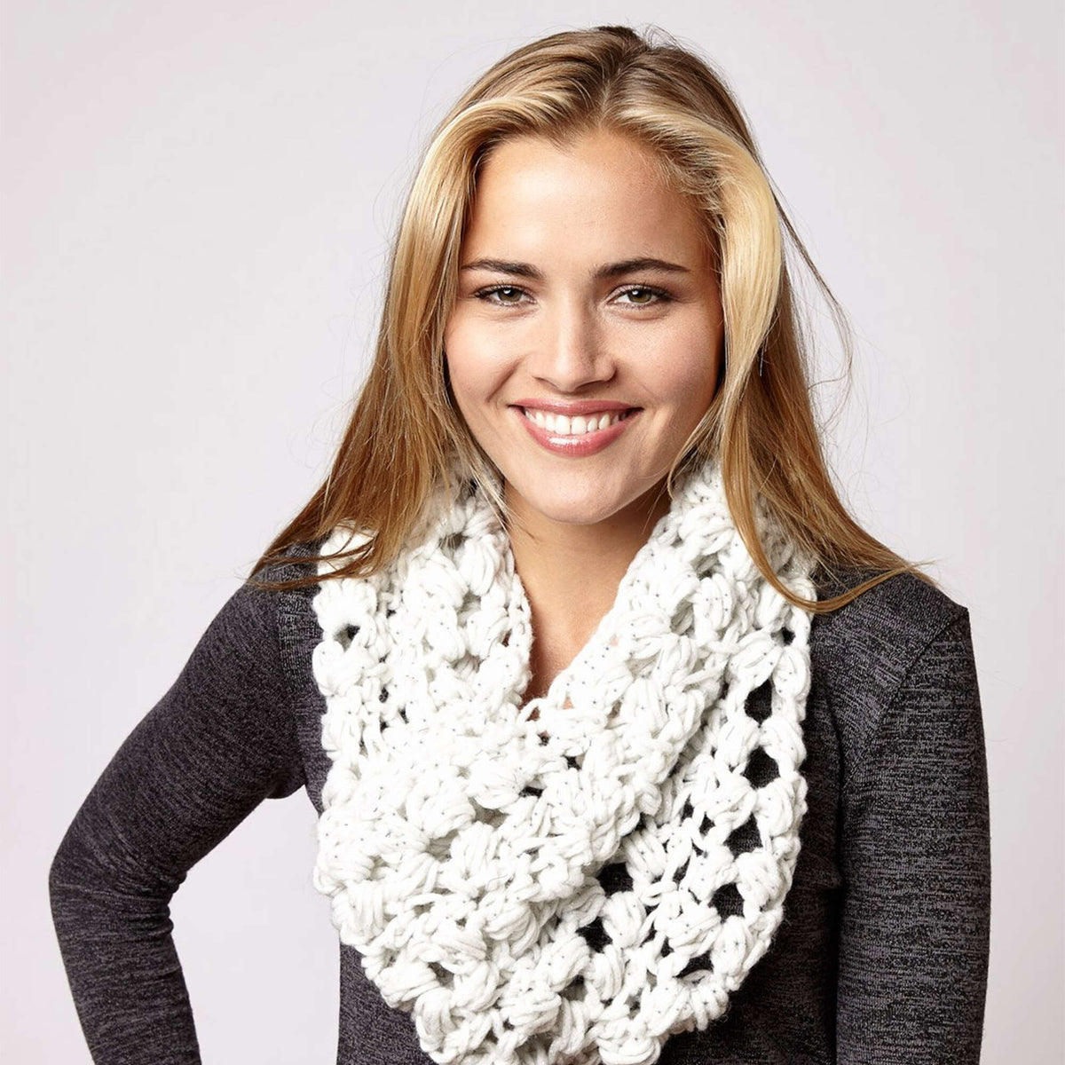 Crochet Cowl made in Bernat Dazzle yarn