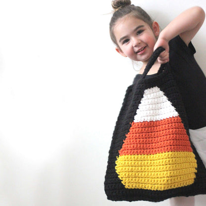 Bernat Crochet Candy Corn Trick or Treat Bag Crochet Accessory made in Bernat Softee Chunky yarn