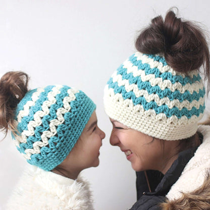 Bernat Crochet Mommy and Me Messy Bun Hats Crochet Hat made in Bernat Super Value yarn