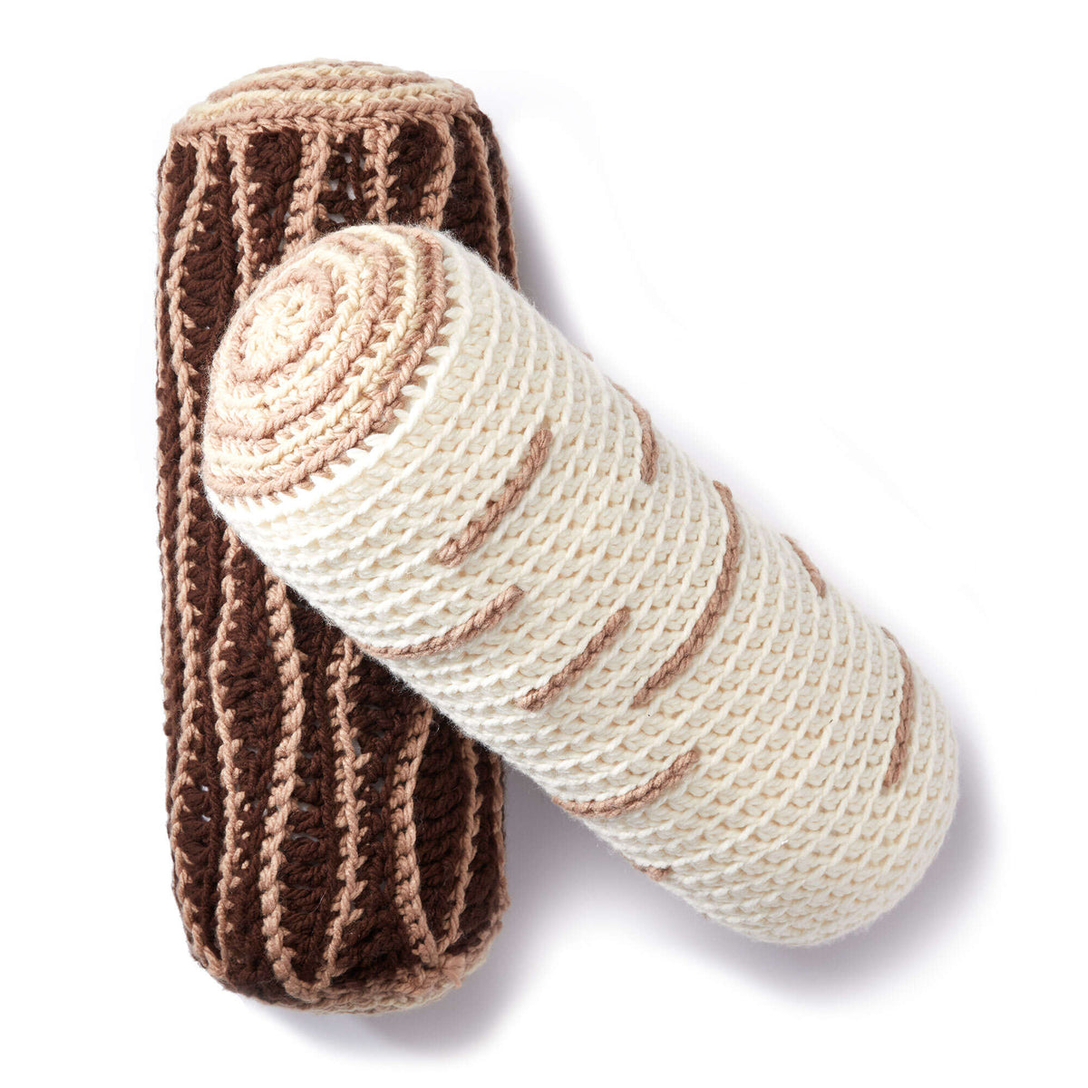 A crocheted beige and brown timber-like pillow or pouf,All Variants