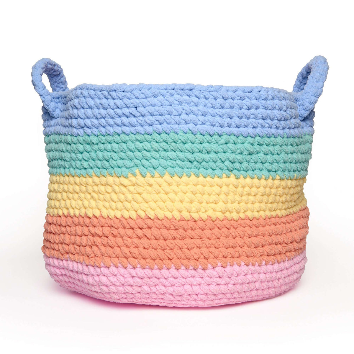 Crochet Rainbow Stripe Basket made using Bernat yarn