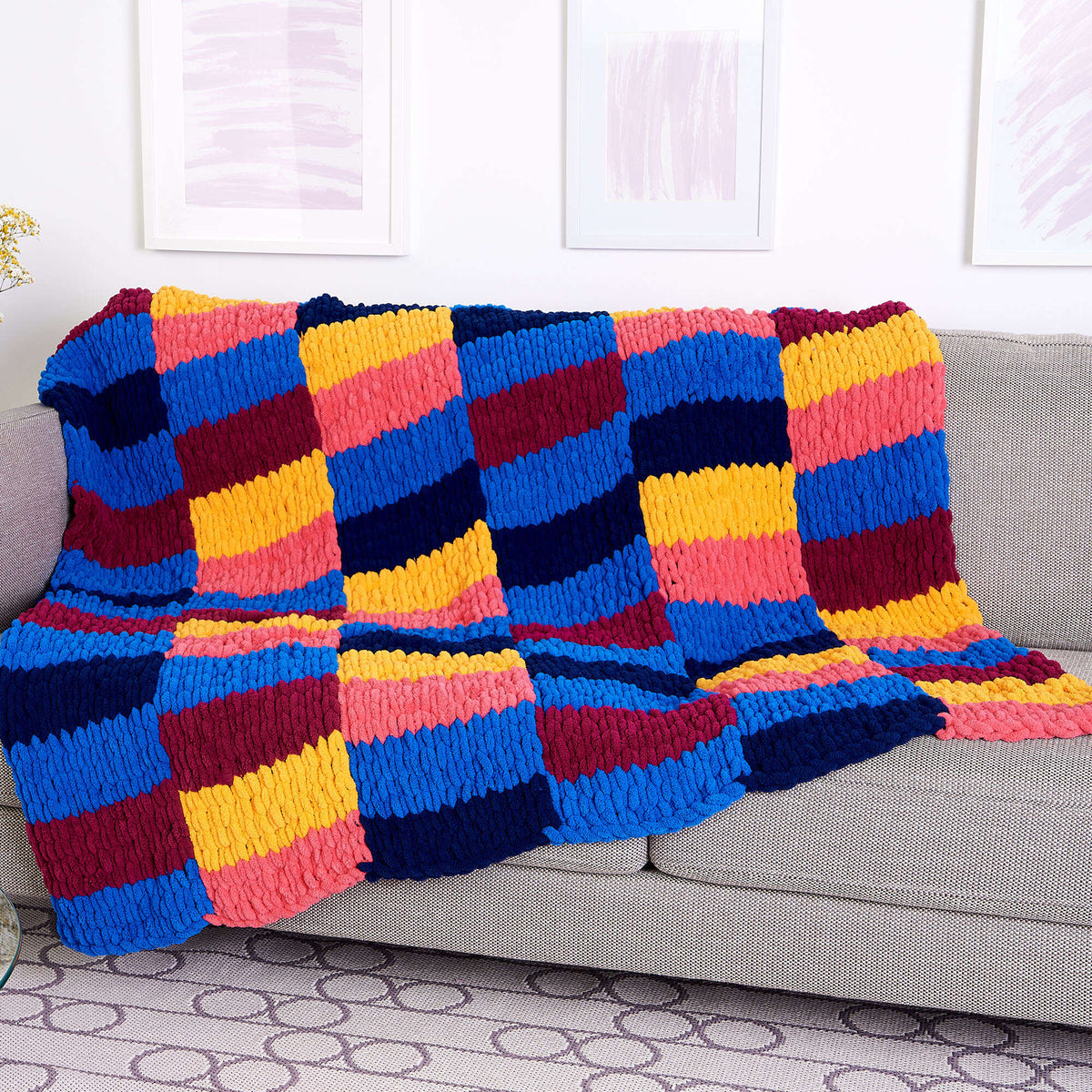 Craft Blanket made in Bernat Blanket EZ Stripes yarn