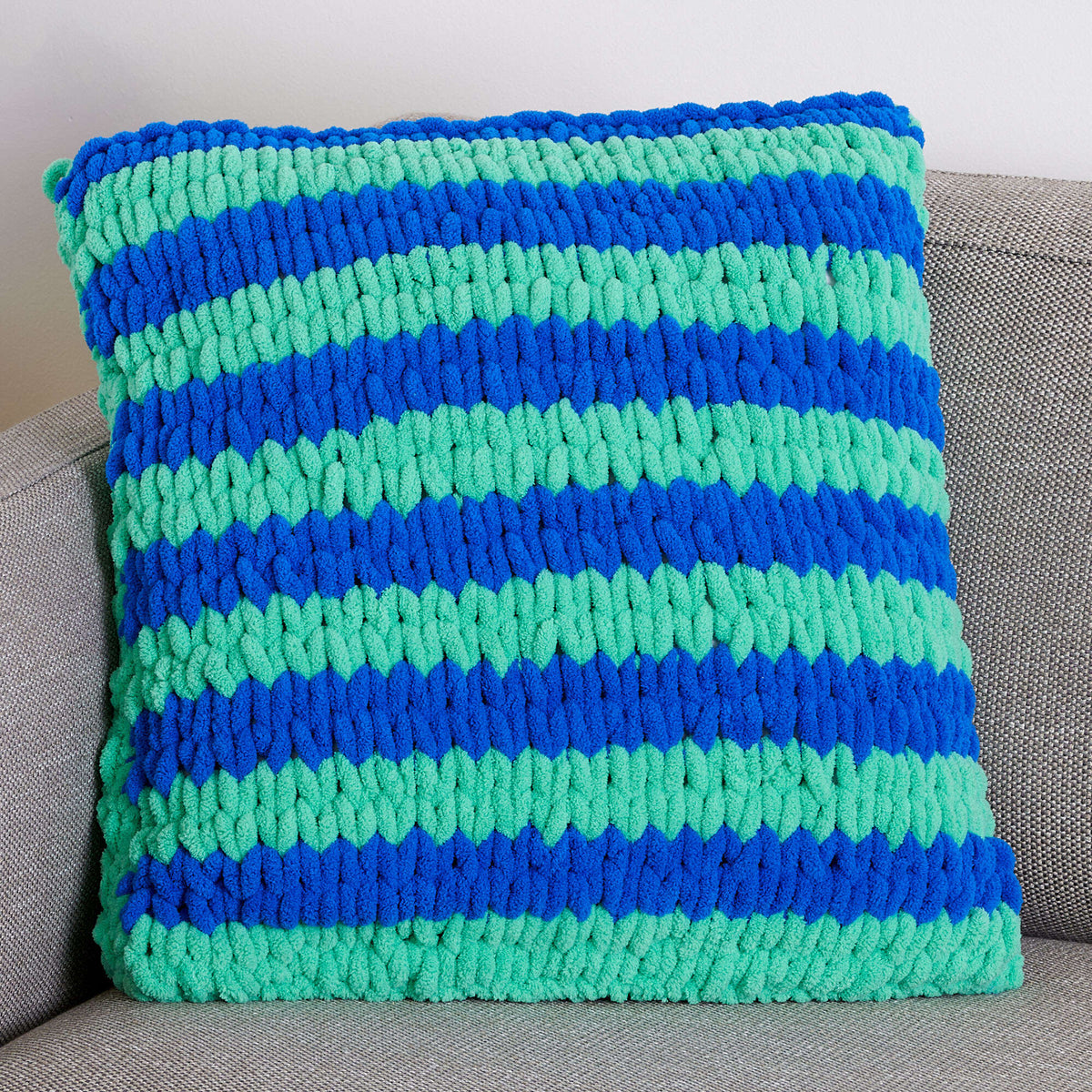 Craft Pillow made in Bernat Blanket EZ Stripes yarn
