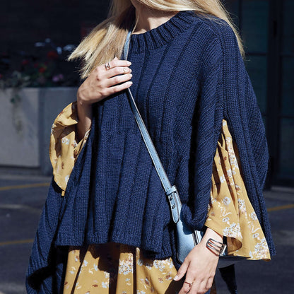 Patons Reversible Ribbed Knit Poncho Navy