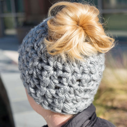 Red Heart Crochet On-Trend Messy Bun Hat Crochet Hat made in Red Heart Grande Yarn