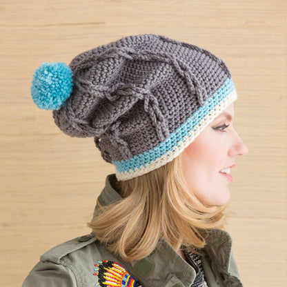 Red Heart Cabled Hat with Pompom Crochet Pompom made in Red Heart With Love Yarn