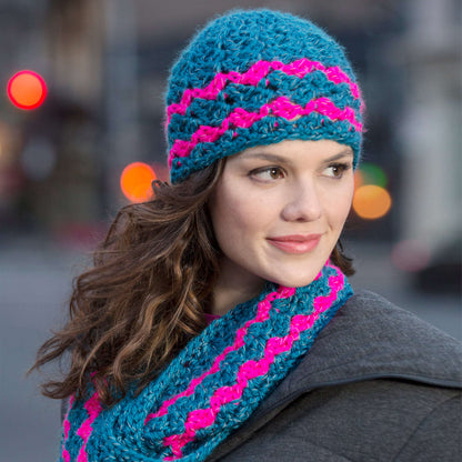 Red Heart Crochet Cross-hatched Cowl & Beanie Crochet Beanie made in Red Heart Reflective Yarn