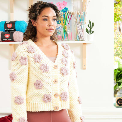 Red Heart Flower Passion Crochet Cardigan M