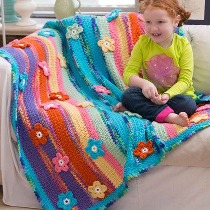 Red Heart Crochet Stripes & Flowers Throw Crochet Throw made in Red Heart Super Saver Yarn