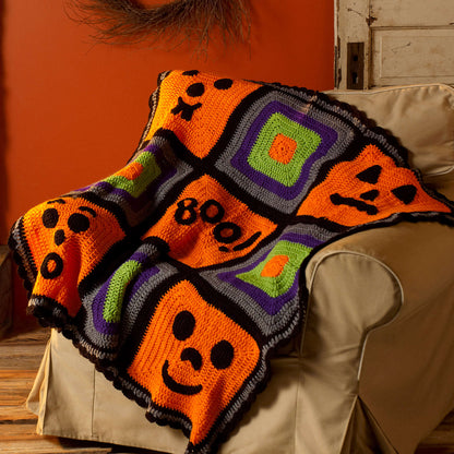 Red Heart Crochet Pumpkin Face Throw Crochet Throw made in Red Heart Super Saver Yarn