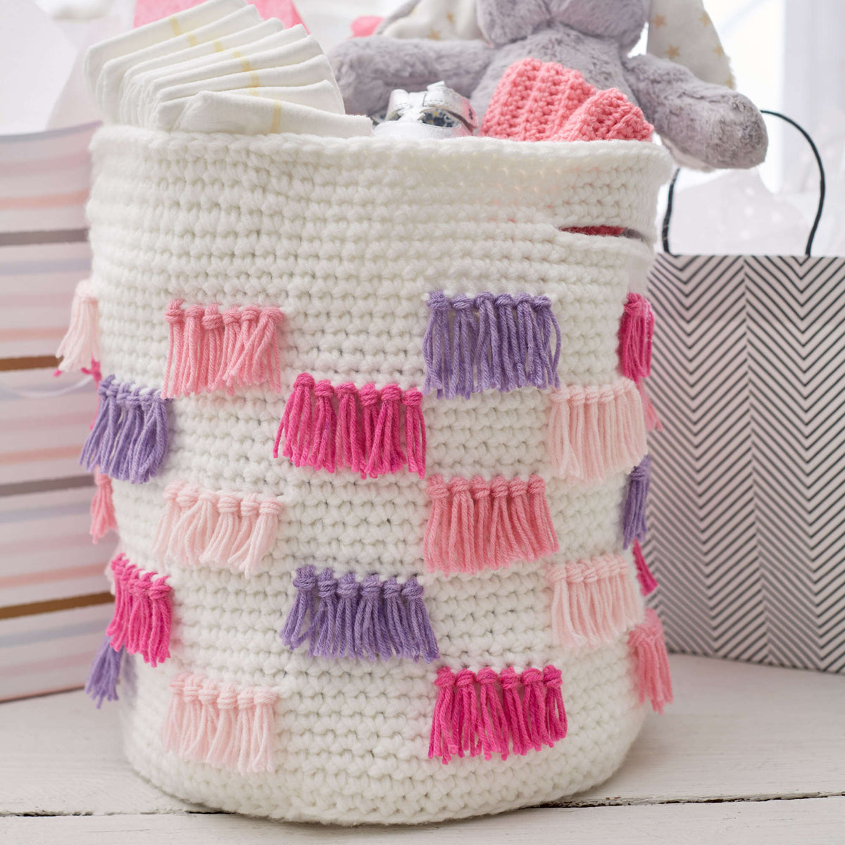Crochet Basket made in Red Heart Bunches of Hugs Yarn
