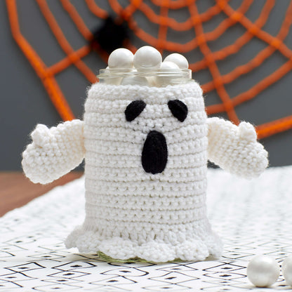 Red Heart Crochet Spooky Ghost Jar Cozy Crochet Cozy made in Red Heart Super Saver Yarn