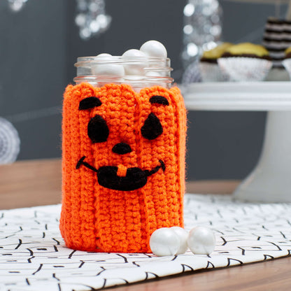 Red Heart Crochet Spooky Pumpkin Jar Cozy Crochet Cozy made in Red Heart Super Saver Yarn