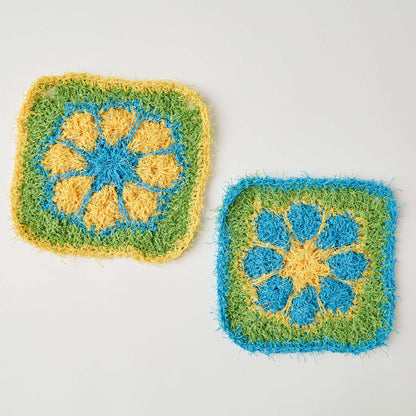 Red Heart Crochet Tropical Flower Scrubby Crochet Dishcloth made in Red Heart Scrubby Yarn