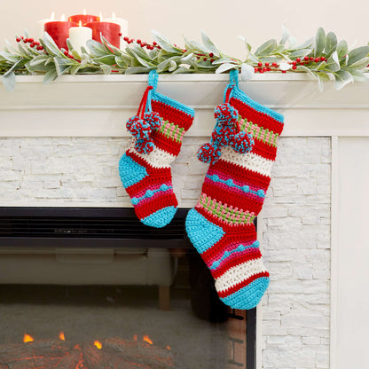 Red Heart Crochet Pompoms & Stripes Holiday Stockings Crochet Stockings made in Red Heart Super Saver Yarn