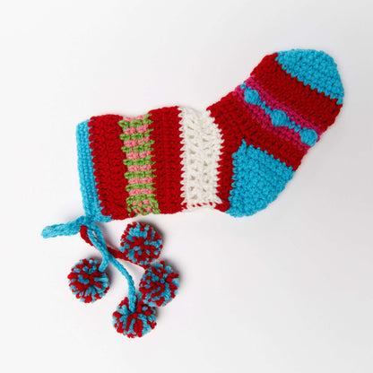 Red Heart Crochet Pompoms & Stripes Holiday Stockings Crochet Stockings made in Red Heart Super Saver Yarn