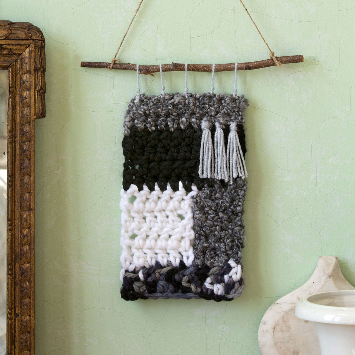 Crochet Hangings made in Red Heart Mixology Prints Yarn