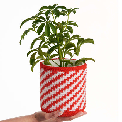 Red Heart Crochet Peppermint Twist Plant Pot Cozy Crochet Plant Cozy made in Red Heart Super Saver yarn