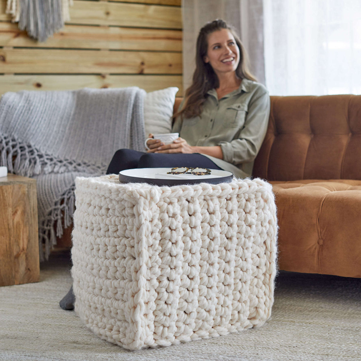 Crochet Pouf made in Red Heart Irresistible Yarn