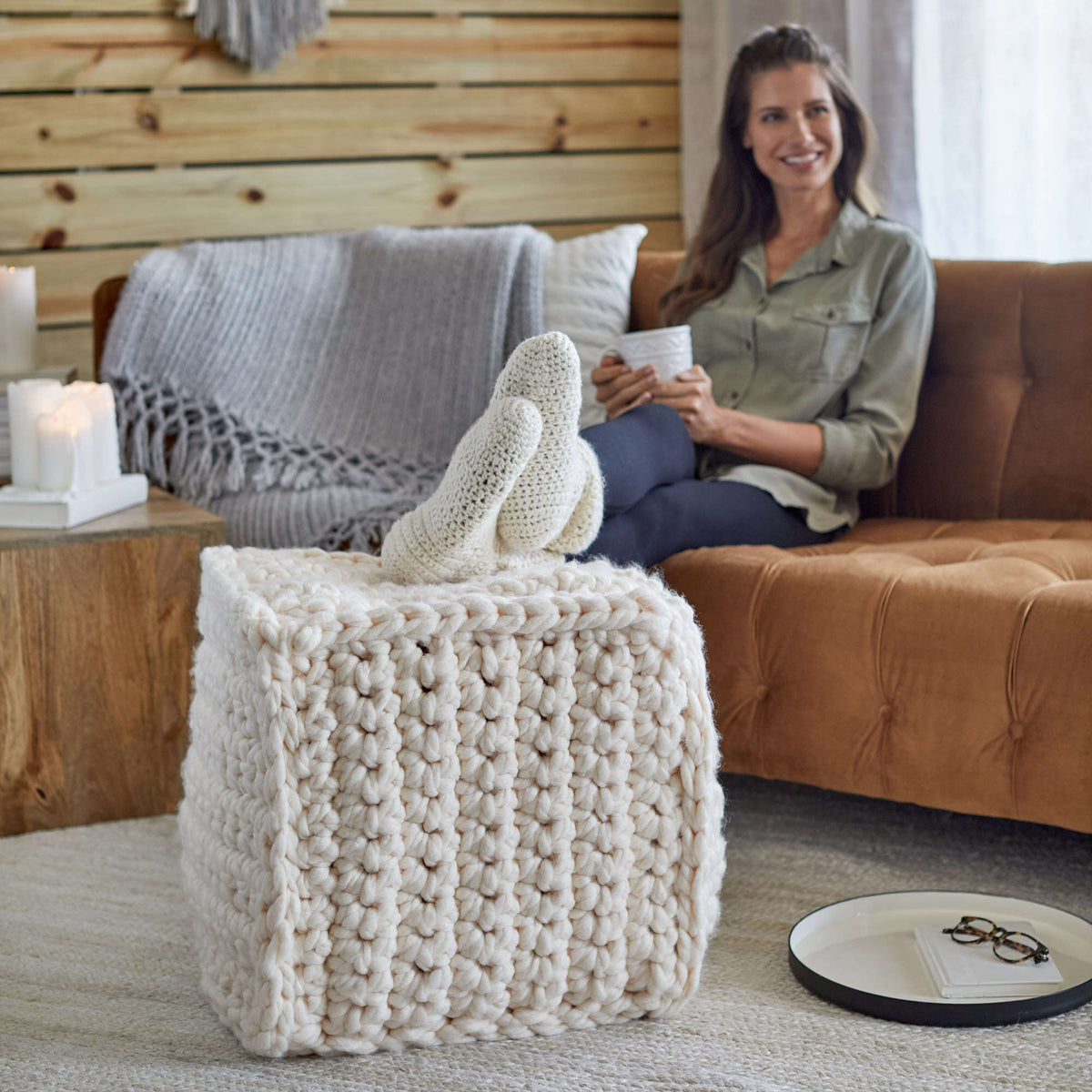 Crochet Pouf made in Red Heart Irresistible Yarn