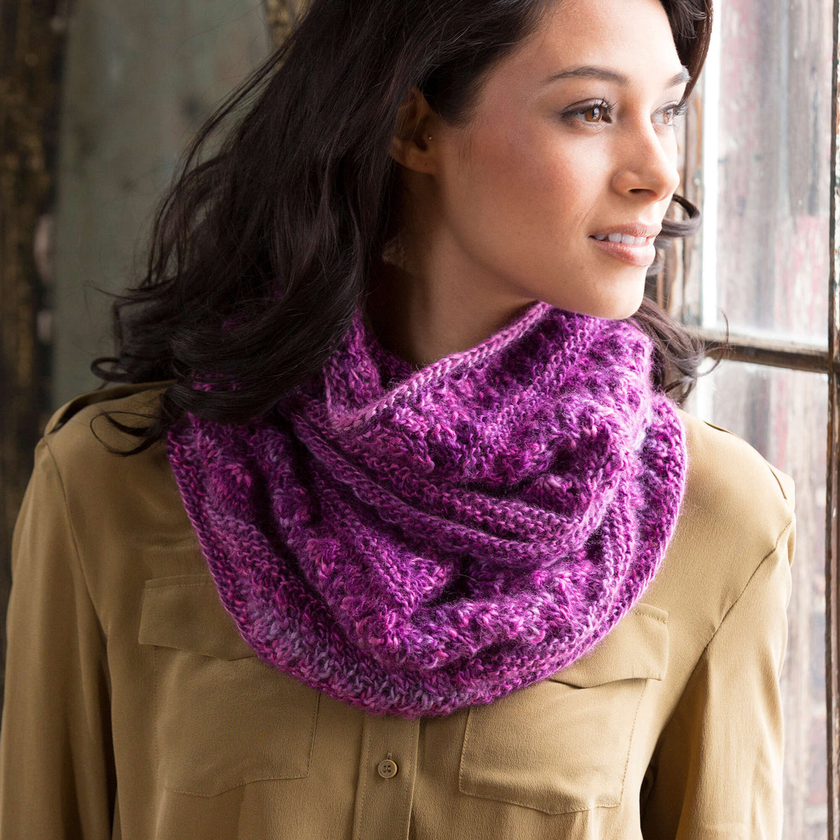Knit Cowl made in Red Heart Unforgettable Yarn
