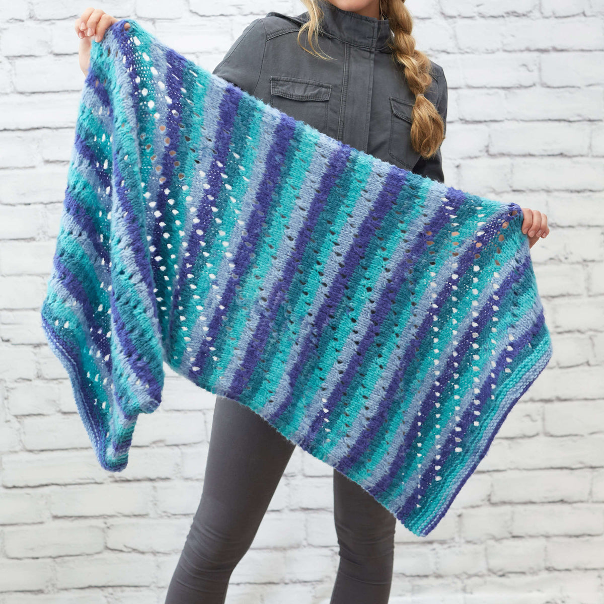 Knit Shawl made in Red Heart Dreamy Stripes Yarn