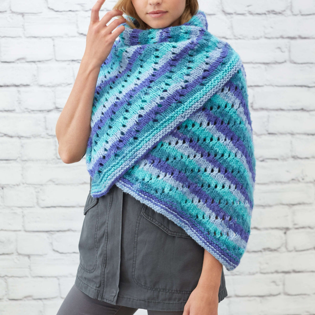 Knit Shawl made in Red Heart Dreamy Stripes Yarn