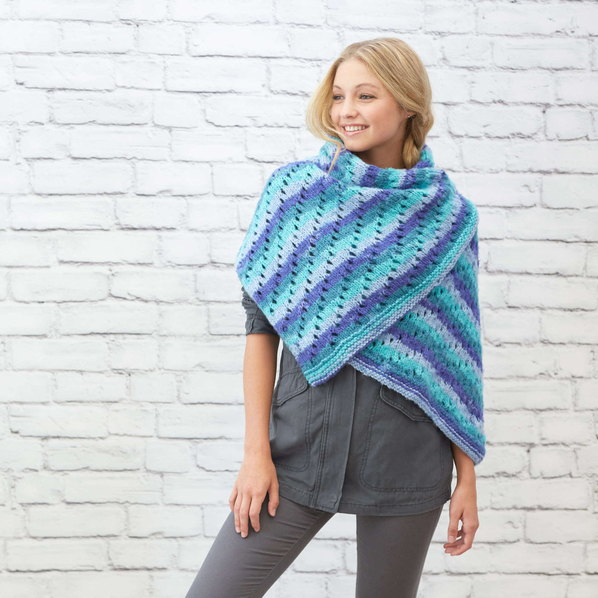 Knit Shawl made in Red Heart Dreamy Stripes Yarn