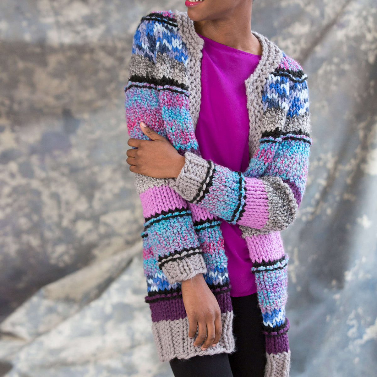 Knit Cardigan made in Red Heart Mixology Solids Yarn