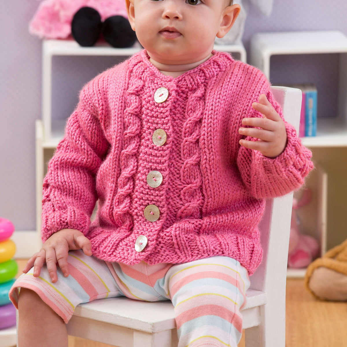 Knit Cardigan made in Red Heart Soft Baby Steps Yarn