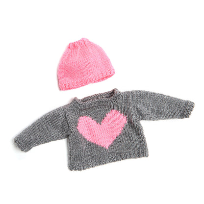 Red Heart Knit Love My Doll Sweater & Messy Bun Hat Knit Hat made in Red Heart Super Saver Yarn