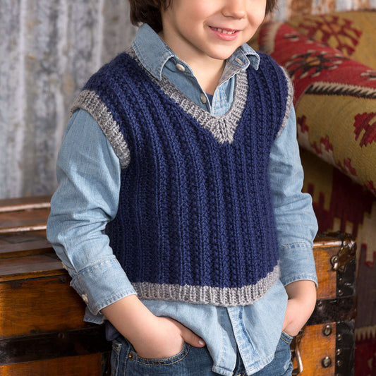 Boys Knit Vest pattern made in Red Heart Soft Yarn