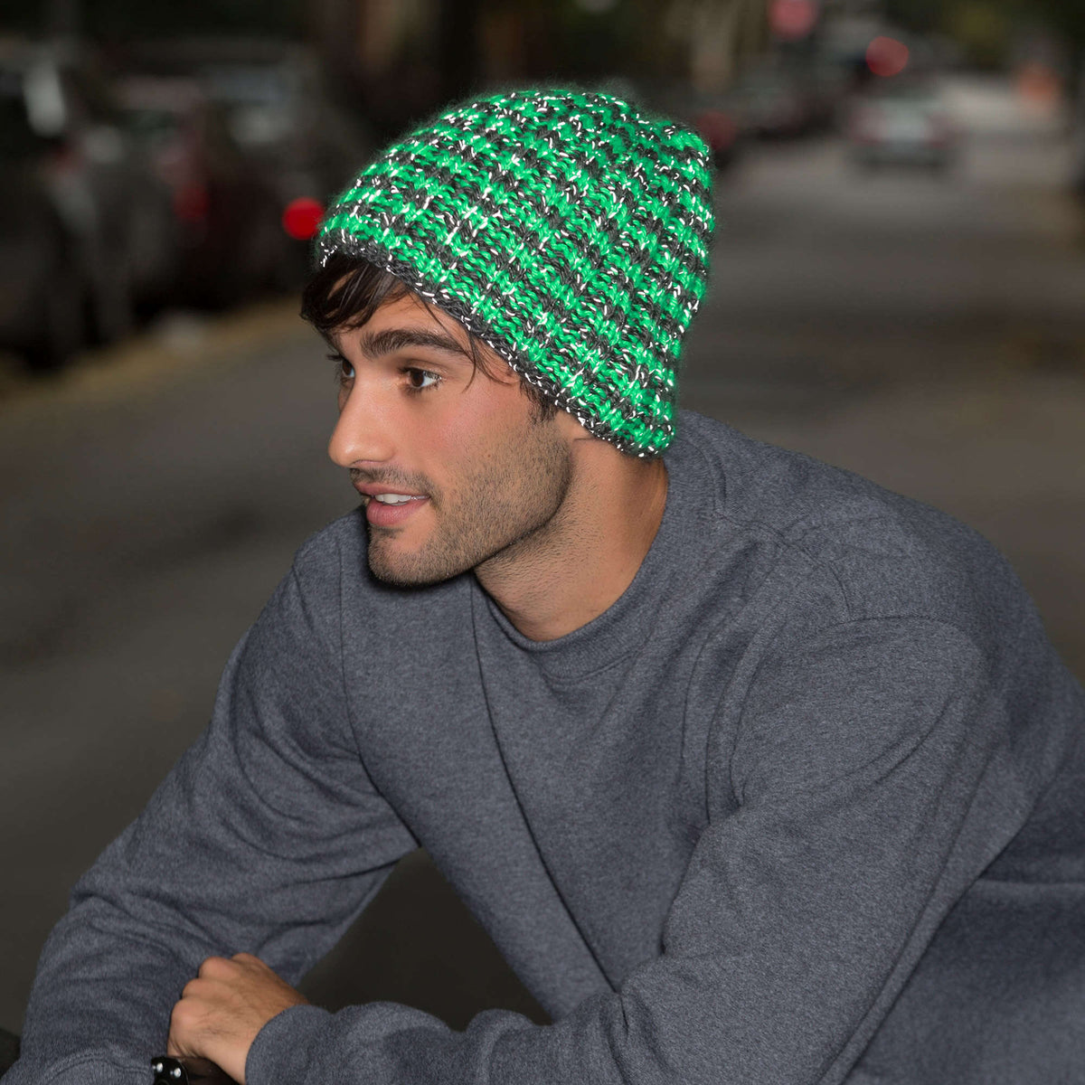 Knit Hat made in Red Heart Reflective Yarn