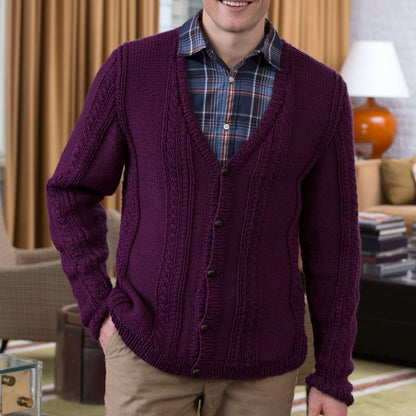 Red Heart Men's V-Neck Cable Knit Cardigan Knit Cardigan made in Red Heart Soft Yarn