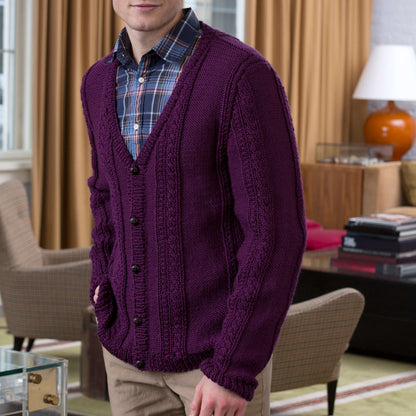 Red Heart Men's V-Neck Cable Knit Cardigan Knit Cardigan made in Red Heart Soft Yarn