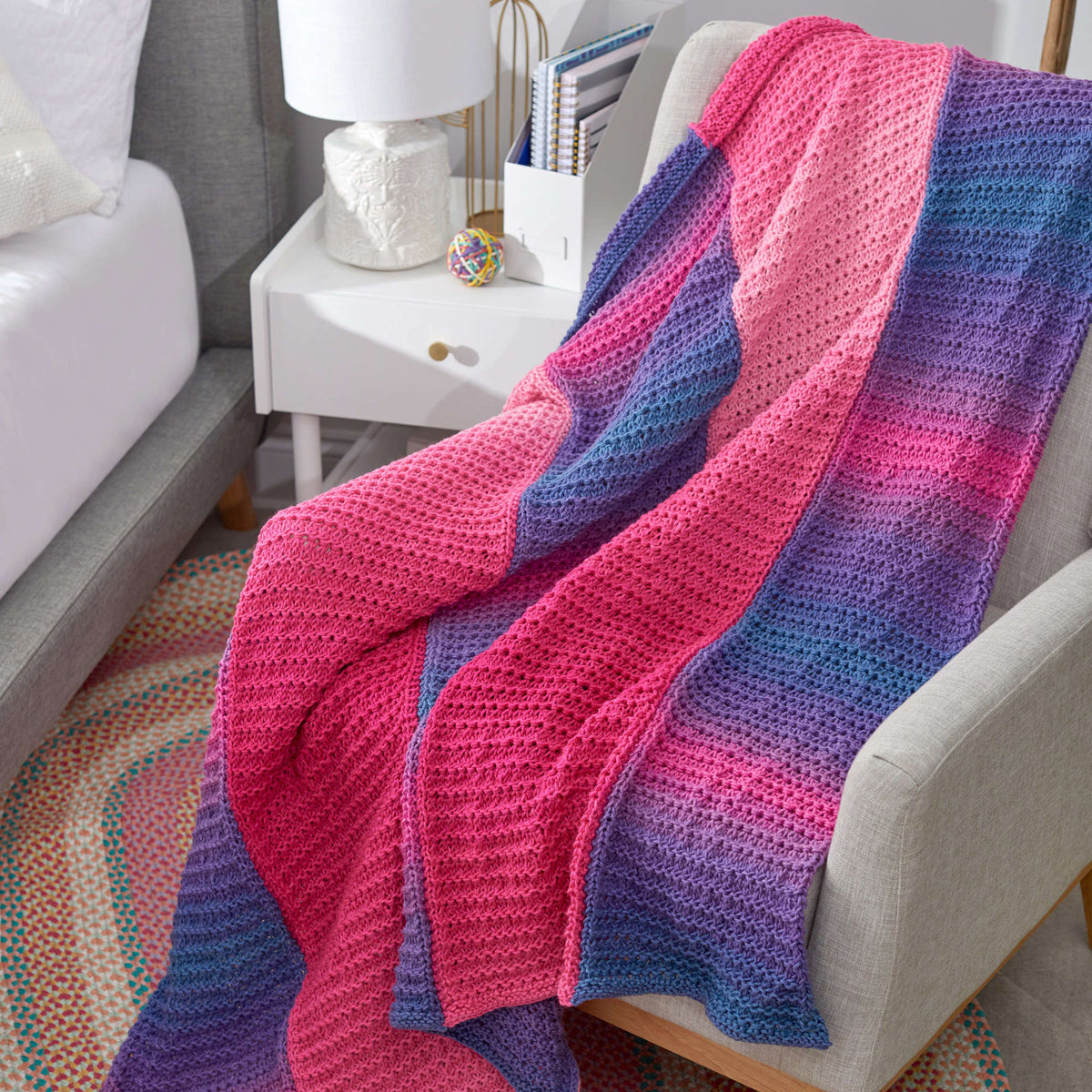 Knit Throw made in Red Heart Super Saver Ombre Yarn