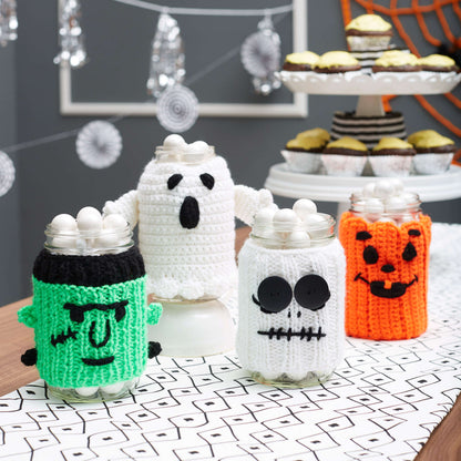 Red Heart Knit Spooky Frankenstein Jar Cozy Knit Cozy made in Red Heart Super Saver Yarn