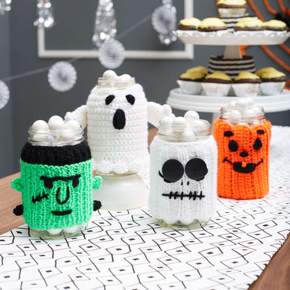 Red Heart Knit Spooky Skeleton Jar Cozy Knit Cozy made in Red Heart Super Saver Yarn