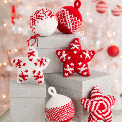 Red Heart Knit Holiday Stars and Balls Ornaments Knit Ornaments made in Red Heart Soft Yarn