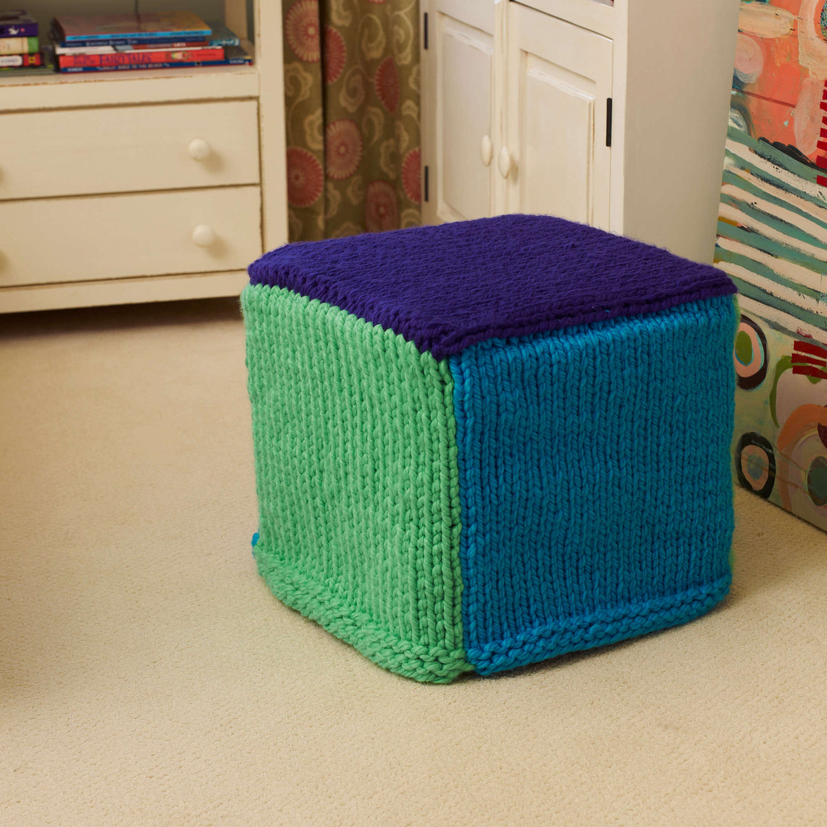 Knit Ottoman Cover made in Red Heart Vivid Yarn
