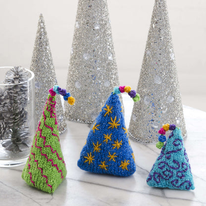 Red Heart Knit Trio of Party Trees Knit Holiday Décor made in Red Heart Celebration Yarn