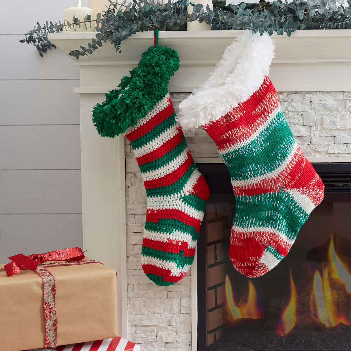 Knit Stockings made in Red Heart Super Saver Fair Isle Yarn