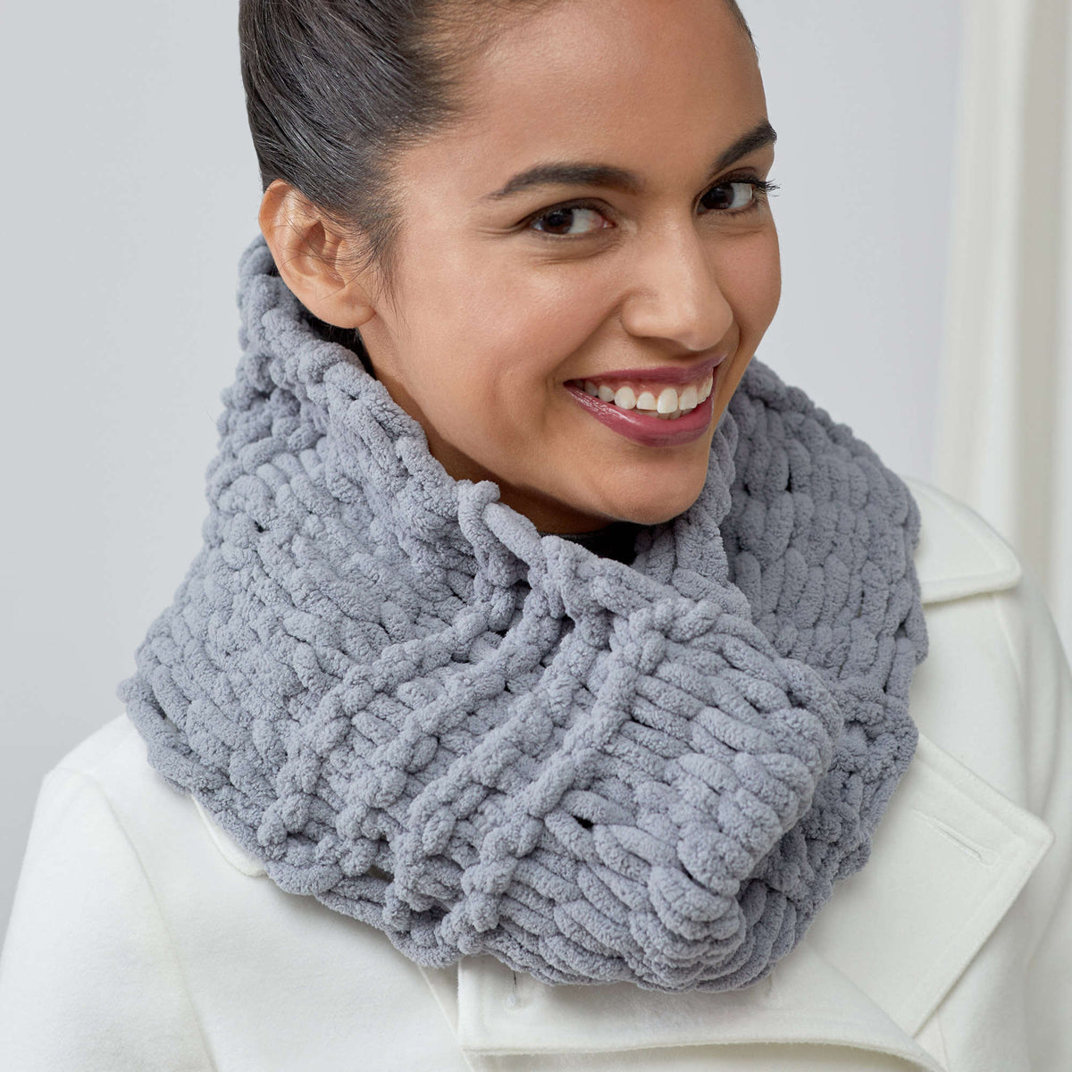 Craft Cowl made in Red Heart Loop-It Yarn