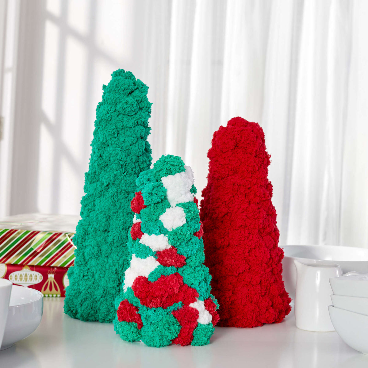 Craft Holiday Décor made in Red Heart Pomp-a-Doodle Yarn