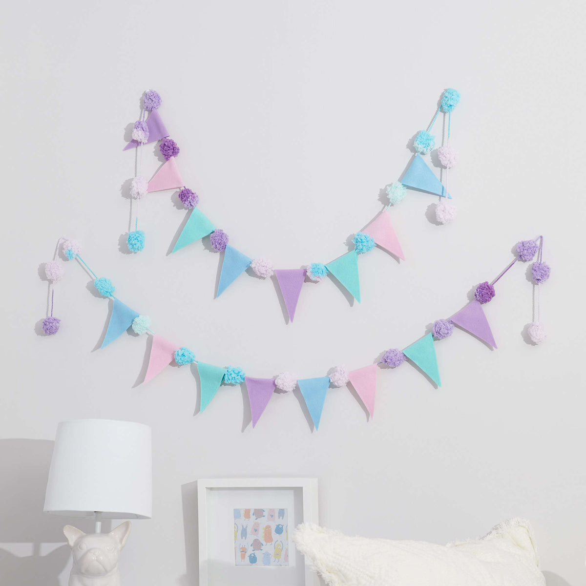 Craft Garland made in Red Heart Pomp-a-Doodle Yarn