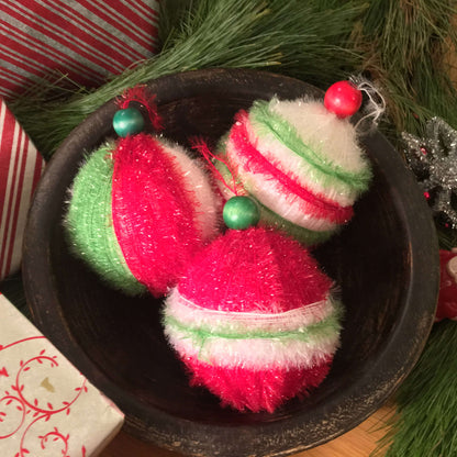 Red Heart Craft It's a Wrap Ornaments Craft Ornaments made in Red Heart Scrubby Sparkle Yarn