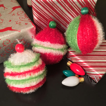 Red Heart Craft It's a Wrap Ornaments Craft Ornaments made in Red Heart Scrubby Sparkle Yarn