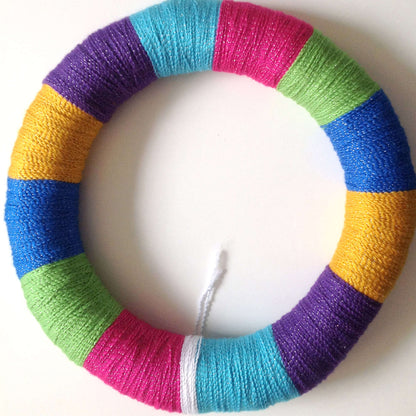 Red Heart Craft Rainbow of Colors Wreath Craft Wreath made in Red Heart Celebration Yarn